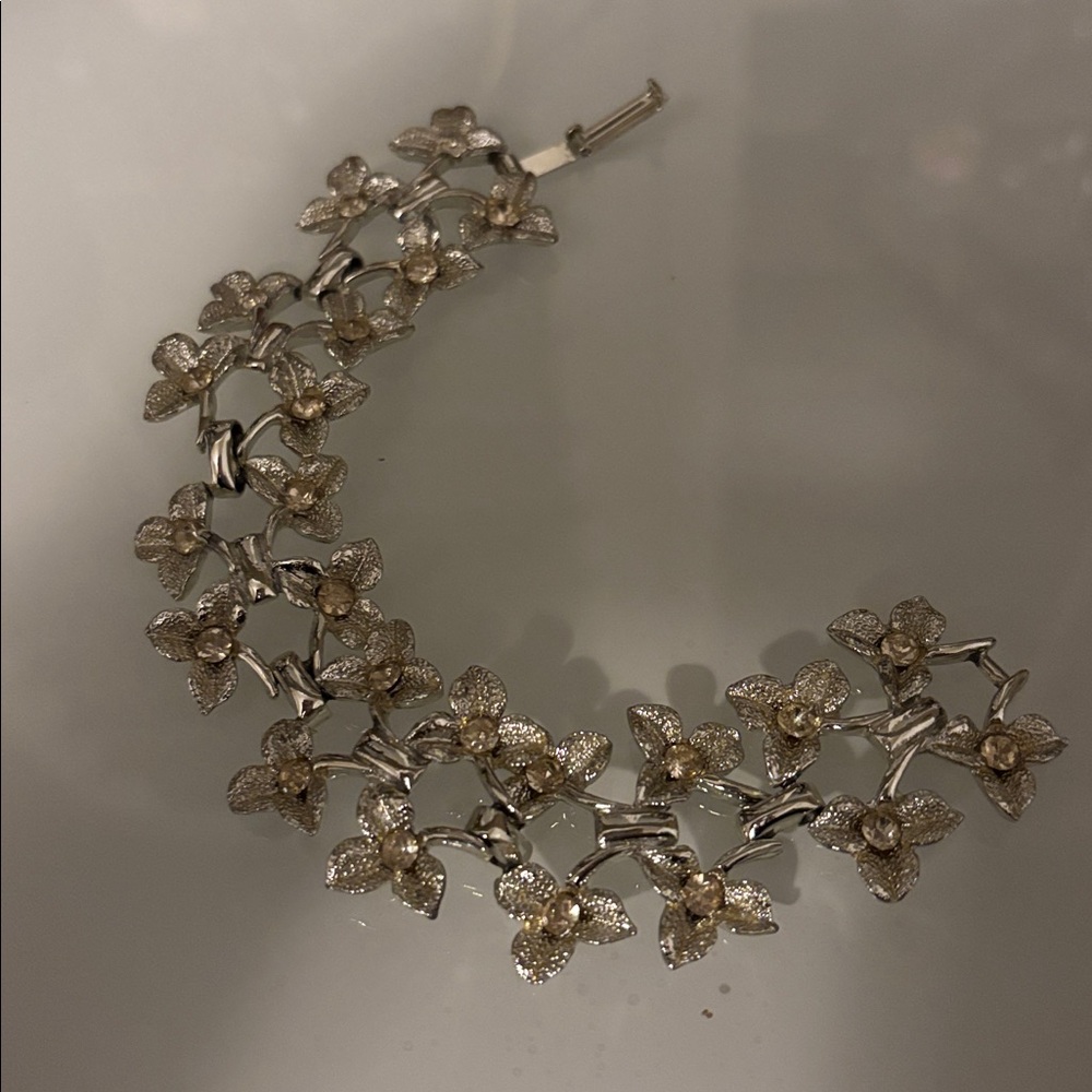 Silver tone and rhinestone leaf bracelet